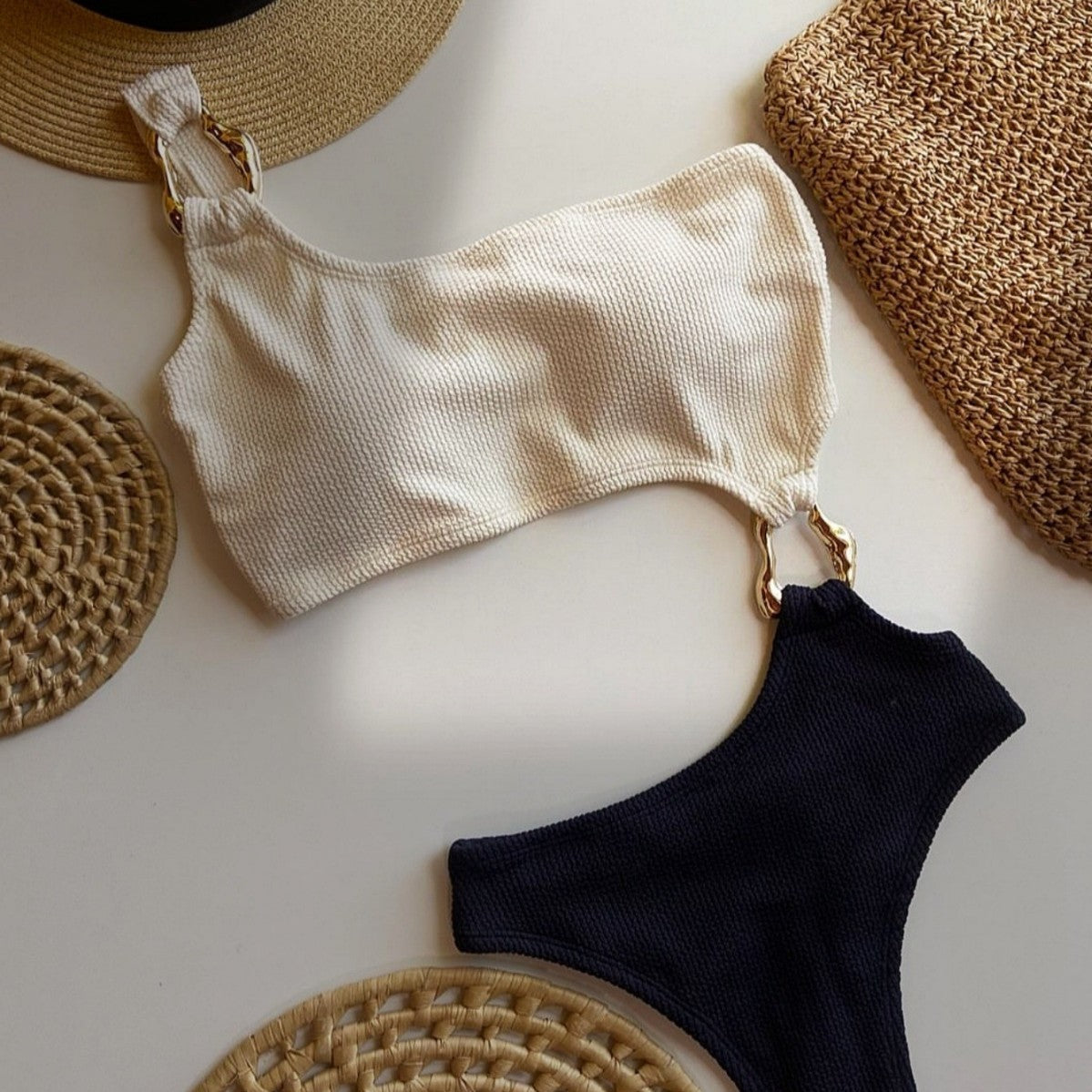 Irregular Asymmetric Metal Accessories Rib Fabric One Piece Swimsuit Beach Sexy Women Swimsuit Bella Mia